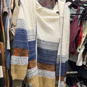 Fate Cozy Striped Cardigan in Cream, Blue, and Tan